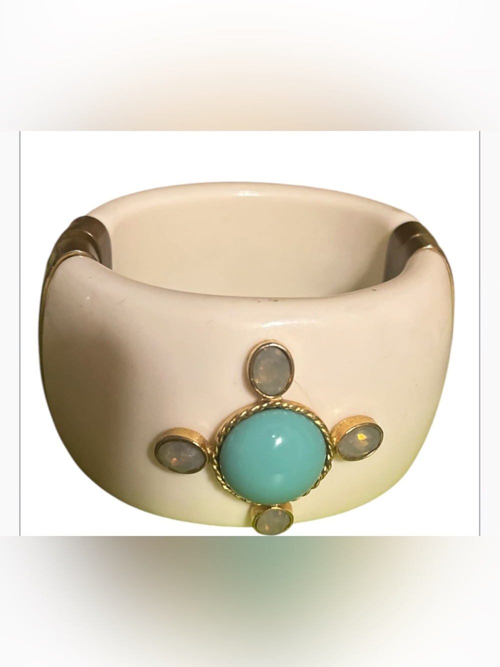 vintage Jewelry Cream Bangle with Turquoise Accent and Opal-Style Stones heavy